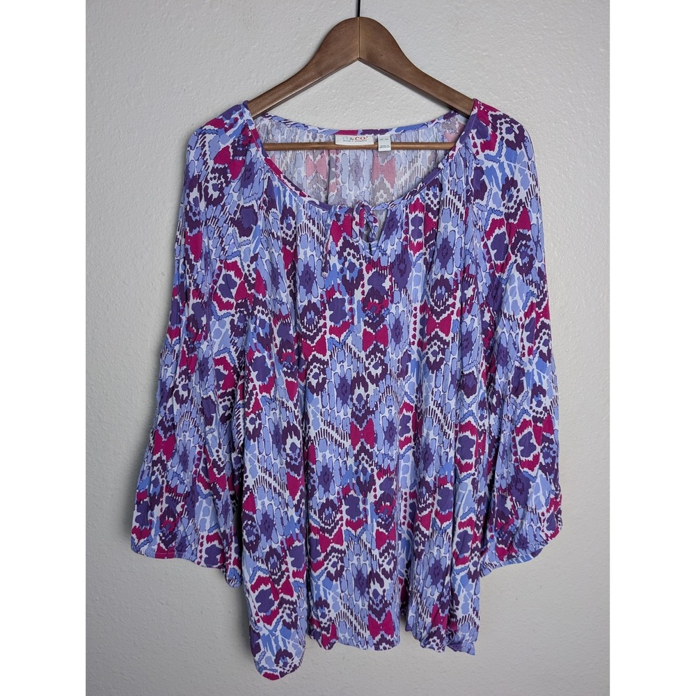 D & Co. Tunic Womens 5X Purple Geometric Scoop Neck Bell Sleeve Viscose Boho